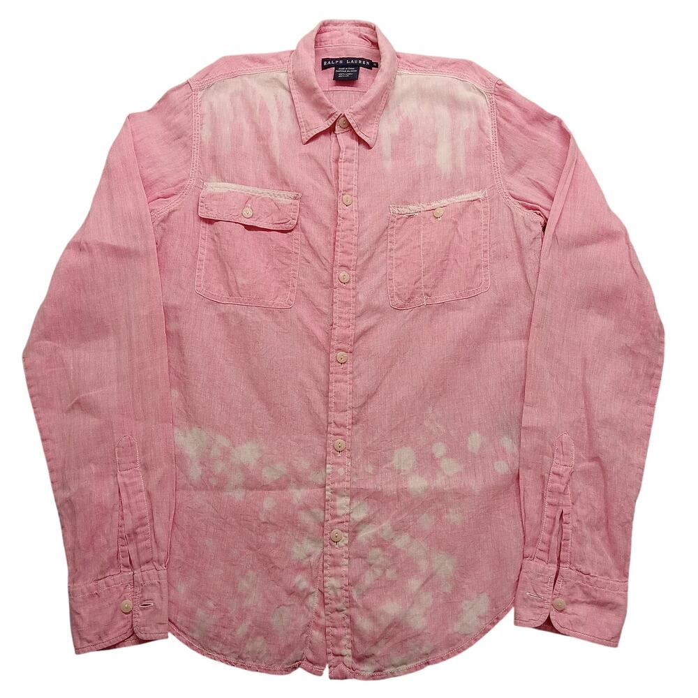 Ralph Lauren Top 8 Women's Distressed Button Up Long Sleeve Pink Linen Shirt